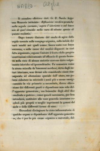 Riflessioni medico-pratiche sulla segala cornuta, sopra l'isterismo e sul buon uso di quel rimedio nella cura di alcune specie di questa malattia - Giandomenico Nardo - copertina