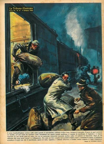 Il treno Londra-Brighton correva nella notte quando il macchinista, vedendo il disco rosso, fermava il convoglio. Proprio in quel momento tre banditi, col viso celato da maschere rosse, introdottisi nel vagone postale assalivano il custode - Vittore Pisani - copertina