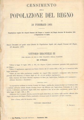 Censimento della popolazione del Regno al 10 febbraio 1901. Popolazione legale dei singoli Comuni del Regno a termini del R.D. 29 dicembre 1901 e popolazione di fatto - copertina