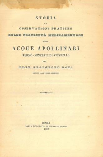Storia ed osservazioni pratiche sulle proprietà medicamentose della Acque Apollinari termo minerali di Vicarello - Francesco Masi - copertina