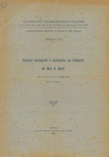 Indagini ecologiche e biologiche sui Cladoceri nel mare di Quarto - Riccardo Anselmi - copertina
