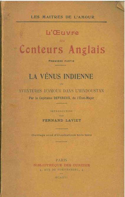 L' oeuvre des Conteurs Anglais. Premiere partie. La venus indienne ou aventure d'amour dans l'hindoustan - Georges Devereux - copertina