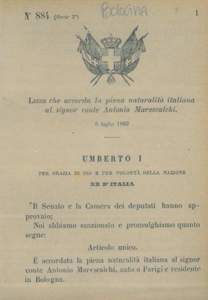 che accorda la piena naturalità italiana al signor Conte Antonio Marescalchi - Fabrizio Legger - copertina