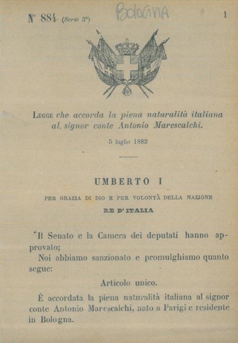 che accorda la piena naturalità italiana al signor Conte Antonio Marescalchi - Fabrizio Legger - copertina