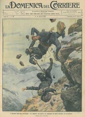 Copertina La Domenica del Corriere. Tre alpinisti, partiti da Zermatt senza guide, sono precipitati da centinaia di metri durante l'ascensione dell' Oberaarhorn - copertina