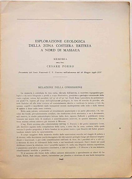 Esplorazione geologica della zona costiera eritrea a nord di Massaua. Prima edizione. Copia autografata - Cesare Porro - copertina