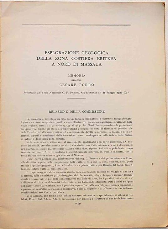 Esplorazione geologica della zona costiera eritrea a nord di Massaua. Prima edizione. Copia autografata - Cesare Porro - copertina