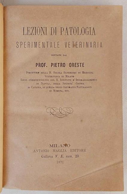Lezioni di patologia sperimentale veterinaria - Pietro Oreste - copertina