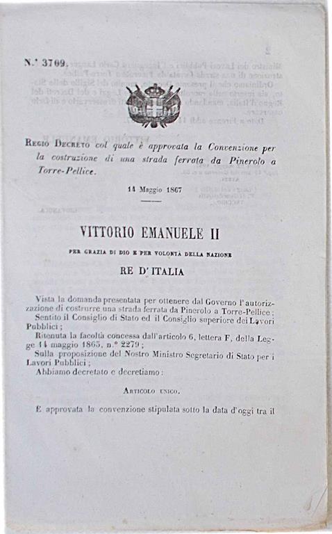 Regio Decreto col quale è approvata la convenzione per la costruzione di una strada ferrata da Pinerolo a Torre-Pellice - copertina