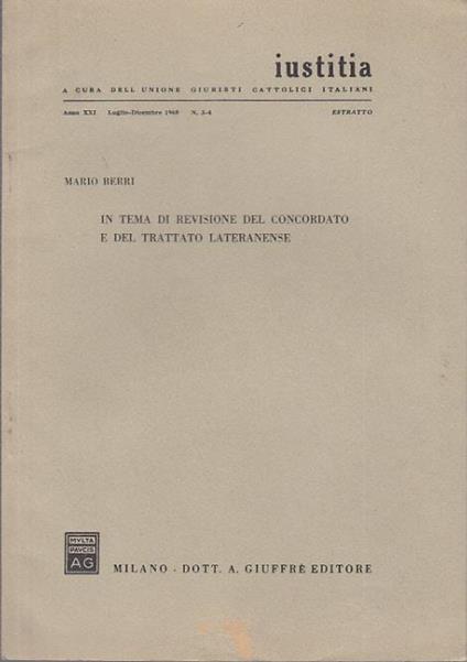 In tema di revisione del concordato e del trattato lateranense - Mario Berri - copertina