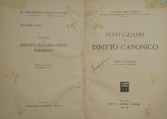Istituzioni di Diritto Canonico - Vincenzo Del Giudice - copertina