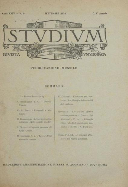 Studium. Settembre 1928. Rivista universitaria - copertina