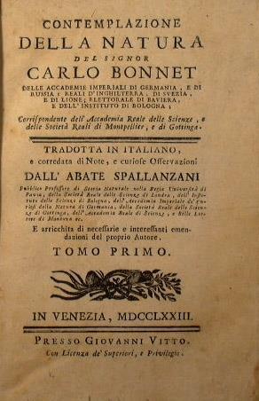 Contemplazione della natura del signor Carlo Bonnet delle Accademie Reali di Germania. tradotta in italiano, e corredata di note, e curiose osservazioni dall'abate Spallanzani. e arricchita di necessarie e interessanti emendazioni del proprio autore - Charles Bonnet - copertina
