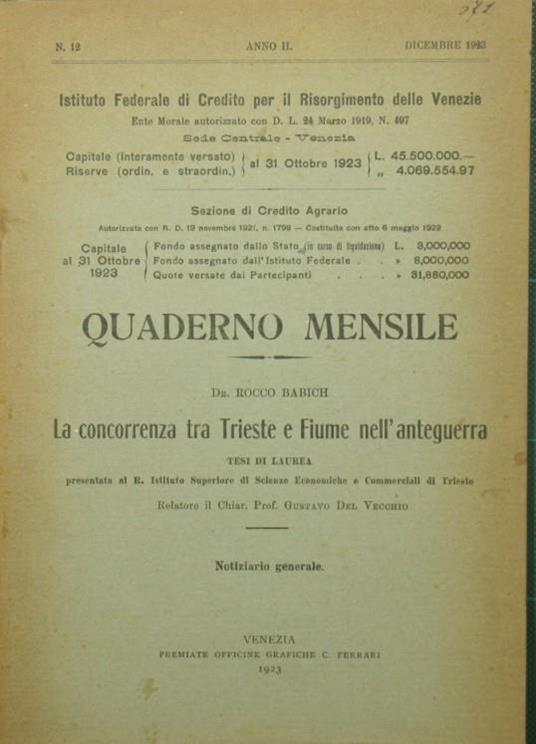 La concorrenza tra Trieste e Fiume nell'anteguerra. Tesi di laurea. Notiziario generale - Rocco Babich - copertina