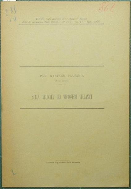 Sulla velocità dei microsismi vulcanici - Gaetano Platania - copertina