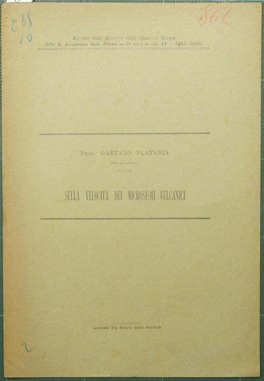 Sulla velocità dei microsismi vulcanici - Gaetano Platania - copertina