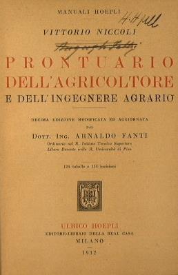 Prontuario dell' agricoltore e dell' ingegnere agrario - V. Niccoli - copertina