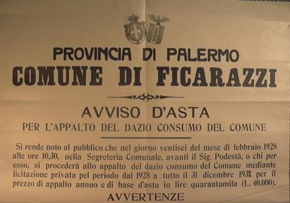 Provincia di Palermo. Comune di Ficarazzi. Avviso d'Asta per l'appalto del dazio consumo del comune - copertina