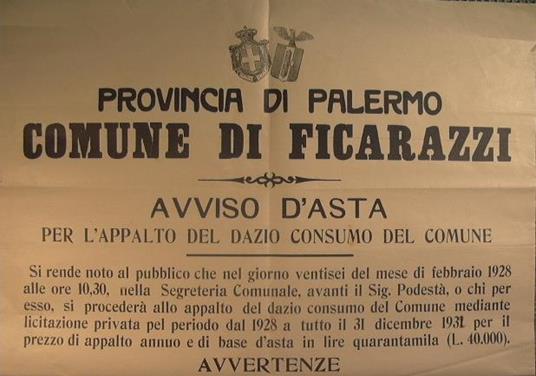 Provincia di Palermo. Comune di Ficarazzi. Avviso d'Asta per l'appalto del dazio consumo del comune - copertina