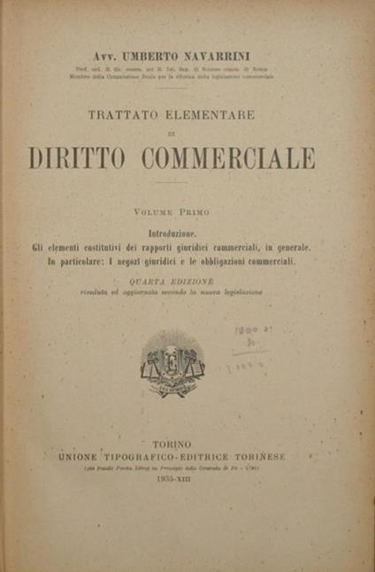 Trattato elementare di Diritto Commerciale - Umberto Navarrini - copertina