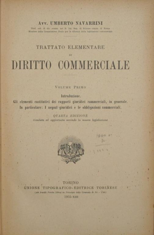 Trattato elementare di Diritto Commerciale - Umberto Navarrini - copertina