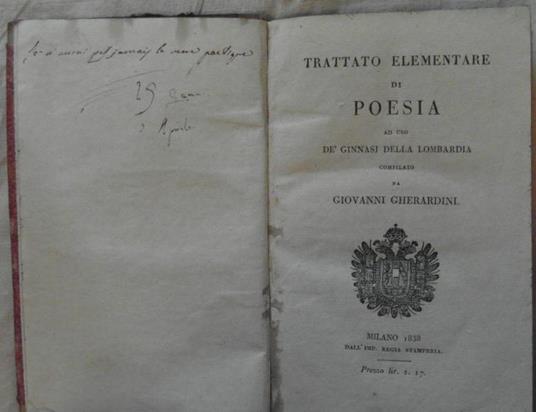 Trattato Elementare Di Poesia Ad Uso Dé Ginnasj Della Lombardia - Giovanni Gherardini - copertina