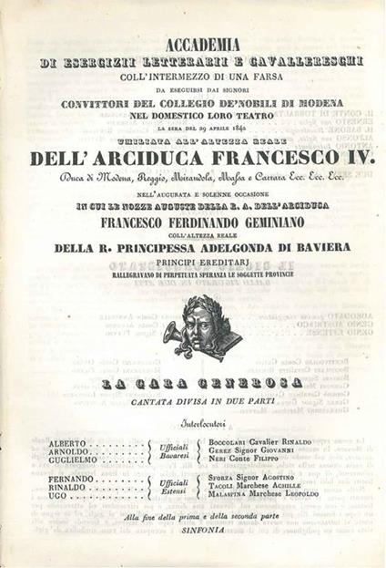 Accademia di esercizi letterarii e cavallereschi coll'intermezzo di una farsa da eseguirsi dai signori convittori del collegio de' nobili di Modena nel domestico loro teatro la sera del 29 aprile 1842 umiliata all'altezza dell'Arciduca Francesco IV - copertina