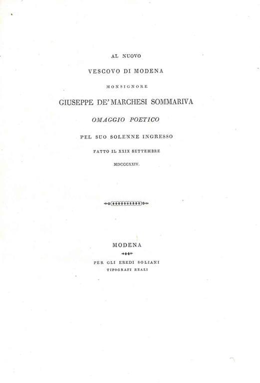 Al nuovo vescovo di Modena Monsignore Giuseppe de' Marchesi Sommariva omaggio poetico pel suo solenne ingresso fatto il XXIX settembre 1824 - copertina