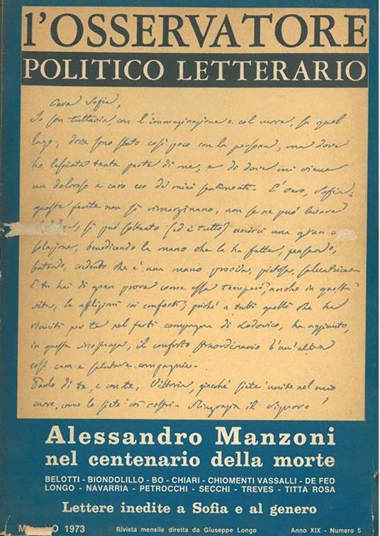 Alessandro Manzoni nel centenario della morte. Lettere inedite a Sofia e al genero. Numero monografico - copertina