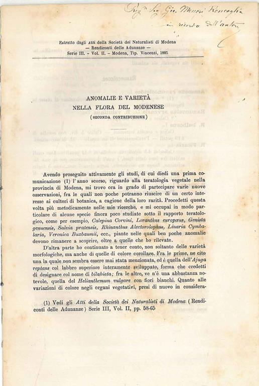 Anomalie e varietà nella flora del modenese (seconda contribuzione) Estratto dagli Atti della Società dei Naturalisti di Modena. Copia autografata - Giulio Camus - copertina