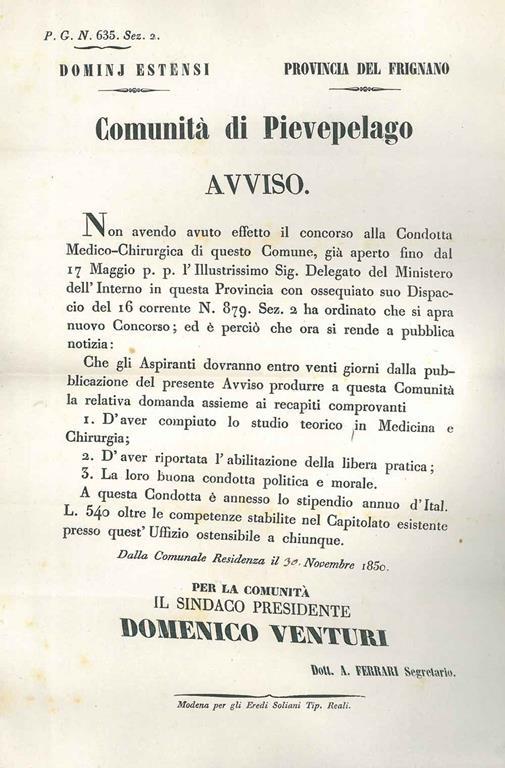 Comunità di Pievepelago. Avviso relativo alla copertura della condotta medico-chirurgica del comune di Pievepelago - copertina