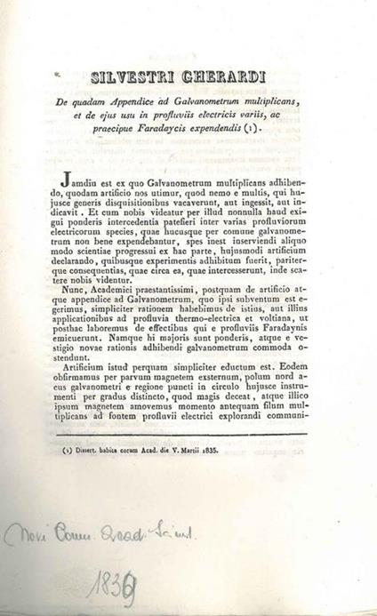 De quaedam appendice ad galvanometrum multiplicans et de ejus in profluviis electricis variis, ac praecipue Faradaycis expendendis - Silvia Gherardi - copertina