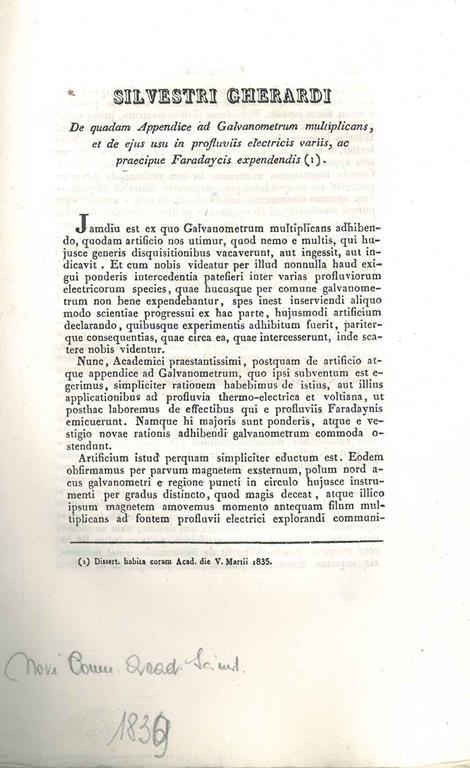 De quaedam appendice ad galvanometrum multiplicans et de ejus in profluviis electricis variis, ac praecipue Faradaycis expendendis - Silvia Gherardi - copertina