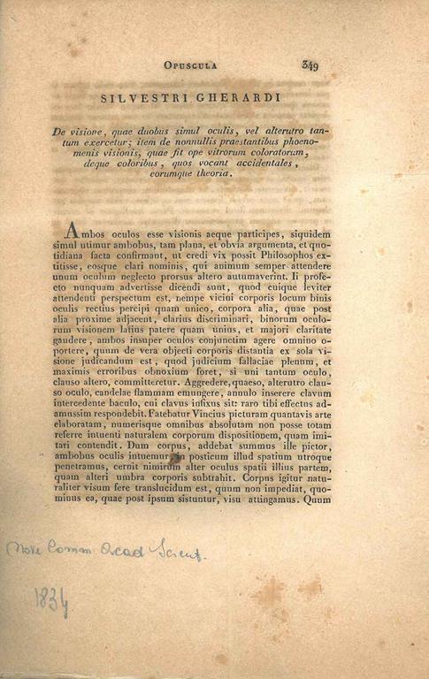 De Visione, quae duobus simul oculis, vel alterutro tantum exercetur item de nonnullis praestantibus phoenomenis visionis, quae fit ope vitrorum coloratorum, deque coloribus, quos vocant accidentales, eorumque theoria. Opuscola - Silvia Gherardi - copertina