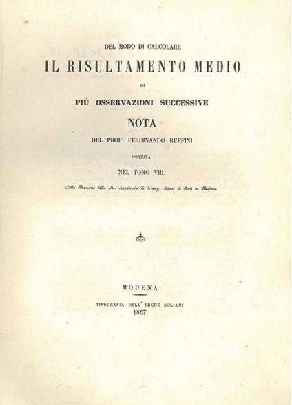 Del modo di calcolare il risultamento medio di più osservazioni successive - Ferdinando Ruffini - copertina
