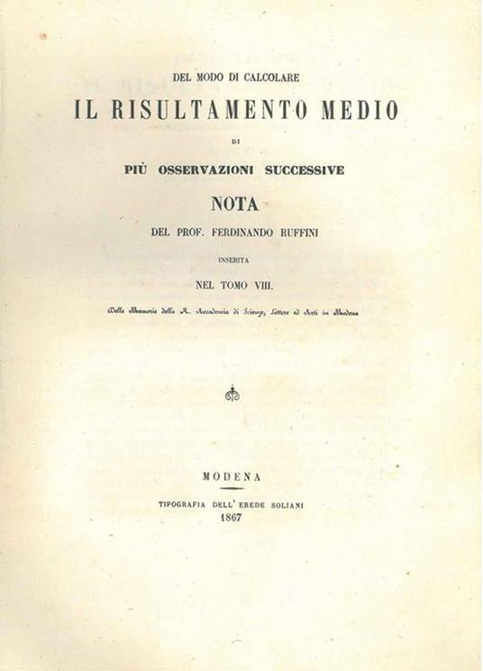 Del modo di calcolare il risultamento medio di più osservazioni successive - Ferdinando Ruffini - copertina