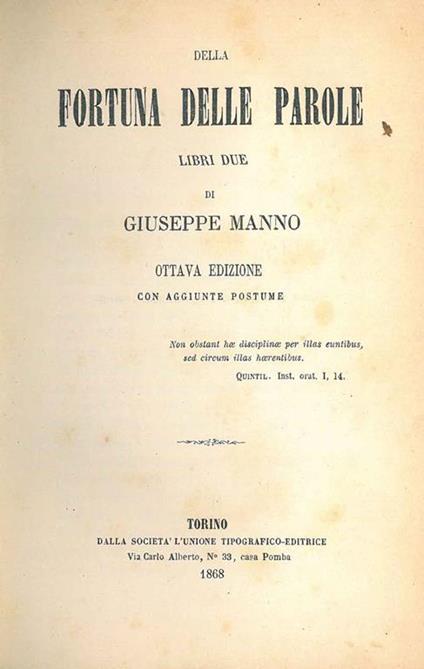 Della fortuna delle parole libri due... Ottava edizione con aggiunte postume - Giuseppe Manno - copertina