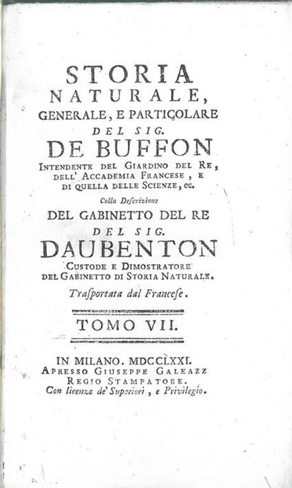 Discorso nell'Accademia Francese, agosto 1753, e discorso sopra la natura degli animali. Storia naturale ... Tomo VII - Georges-Louis Leclerc de Buffon - copertina