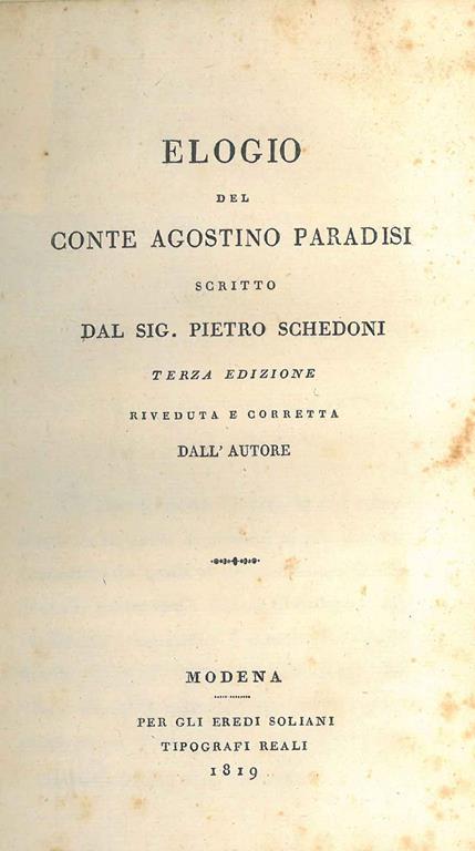 Elogio del conte Agostino Paradisi - Pietro Schedoni - copertina