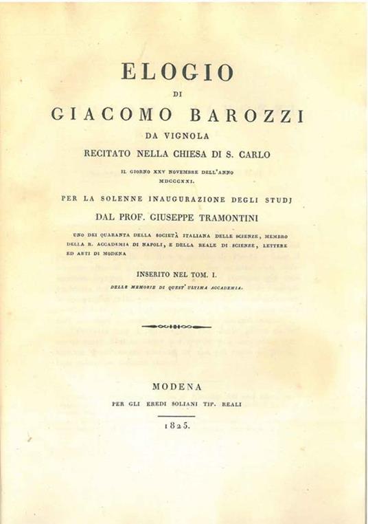Elogio di Giacomo Barozzi da Vignola recitato nella Chiesa di S. Carlo il giorno 25 novembre dell'anno 1821 - Giuseppe Tramontini - copertina