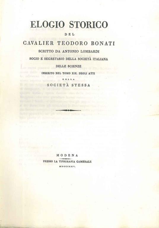 Elogio storico del Cavalier Teodoro Bonati (...) Estratto dagli Atti della Società Italiana delle Scienze - Antonio Lombardi - copertina