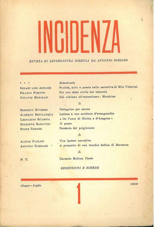 Incidenza. Rivista di letteratura diretta da Antonio Corsaro. Primo numero, giugno-luglio 1959 - copertina