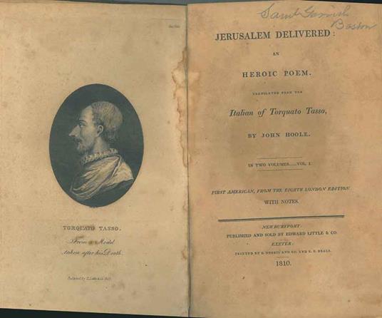 Jerusalem Delivered an hroic poem translated from the italian of Torquato Tasso by John Hoole. First american, from the eighth London Edition. With notes. IL SOLO 1° VOLUME - Torquato Tasso - copertina