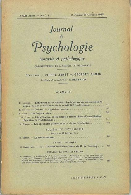 Journal de psychologie normale ed pathologique. Organe officiel de la société de psychologie. XXXII° année, n° 7-8, juillet-octobre 1935 Direttori: Pierre Janet e Georges Dumas - copertina