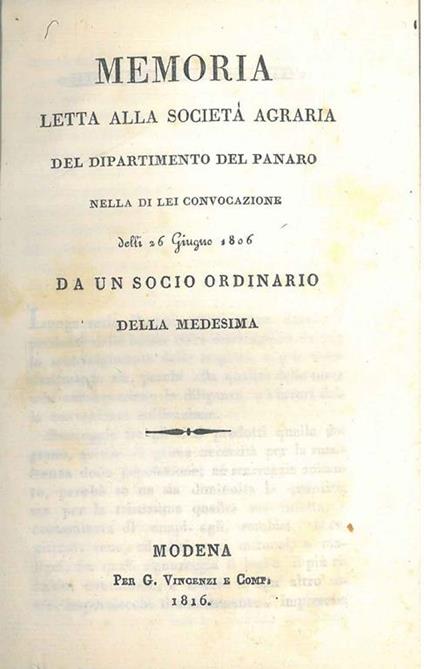 Memoria letta alla Società agraria del Dipartimento del Panaro nella di lei convocazione delli 26 giugno 1806 da un socio ordinario della medesima - A. Zuccoli - copertina