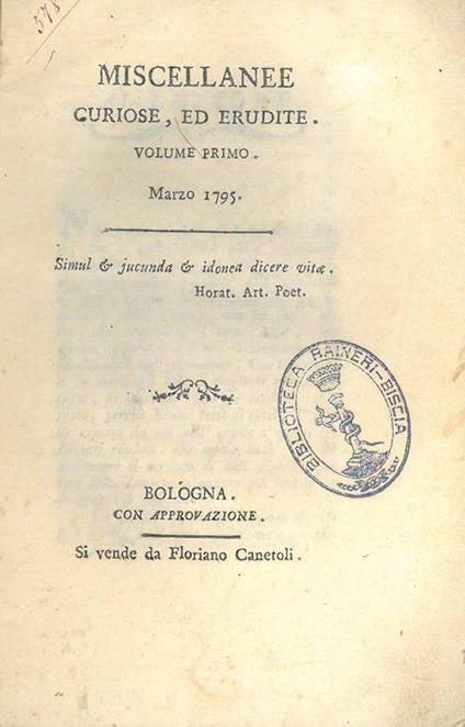 Miscellanee curiose, ed erudite. Volume primo, marzo 1795 - copertina