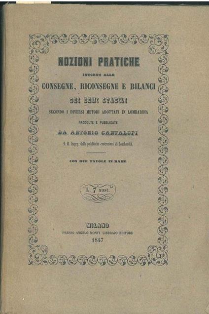 Nozioni pratiche intorno alle consegne, riconsegne e bilanci dei beni stabili secondo i diversi metodi adottati in Lombardia - Antonio Cantalupi - copertina
