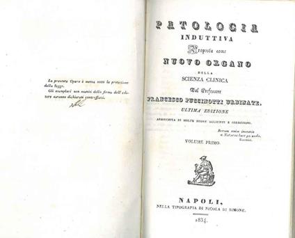 Patologia induttiva proposta come nuovo organo della scienza clinica. Ultima edizione arricchita di molte nuove aggiunte e correzioni - Francesco Puccinotti - copertina