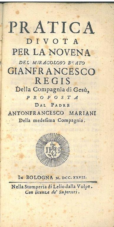 Pratica divota per la novena del miracoloso beato Gianfrancesco Regis - A. Mariani - copertina