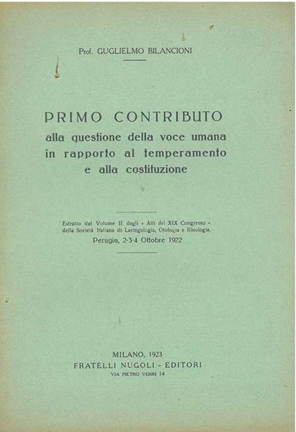 Primo contributo alla questione della voce umana in rapporto al temperamento e alla costituzione - Guglielmo Bilancioni - copertina